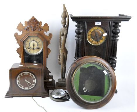 Three vintage clocks, comprising a Smiths Sectric mantle clock, an oak cased mantle clock and a Vienna wall clock, largest 57