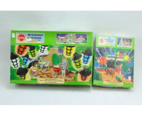 Two boxed sets of carnival lights by Ring Lighting, one 12 carnival lights, the other of 10 coronet lanterns