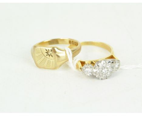 Two 20th century rings, the first a yellow metal and diamond chip ring, the second a 9ct gold ring, combined weight 6g