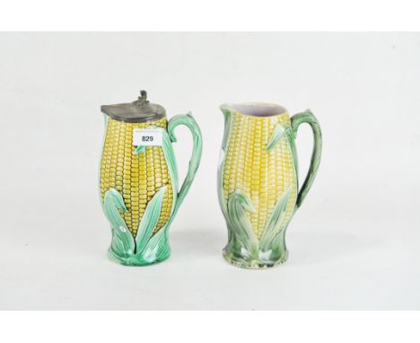 Two English majolica vases in the shape of corn cobs, one late 19th century with pewter mount and with registration lozenge a