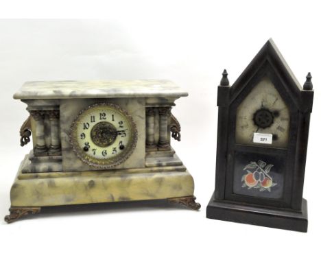 Two early 20th century mantle clocks, one being marble effect, the other by Ansonia clock company with a thirty hour movement