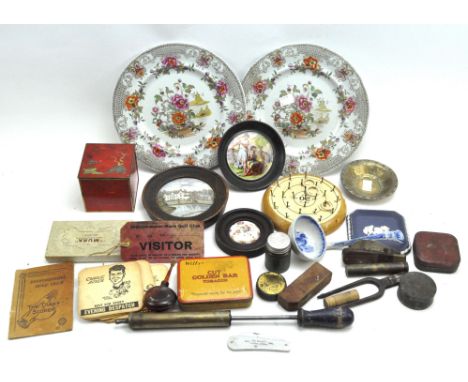 An assortment of collectables, to include a Staffordshire pottery blue and white sauce ladle, wooden framed pot lids, novelty