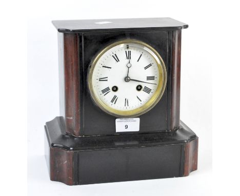 A late 19th century slate and marble inlaid mantle clock, the movement stamped 'AD Mougin' Paris, the enamel dial with Roman 