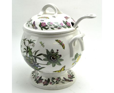A Portmeirion pottery soup tureen cover and ladle, both decorated in the 'Botanic Garden' pattern, printed marks to the base,