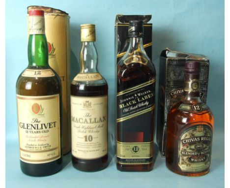 The Glenlivet 12 Years Old Unblended All Malt Scotch Whisky, 43%, 1L, in tube box, The Macallan 10 Years Old Single Highland 