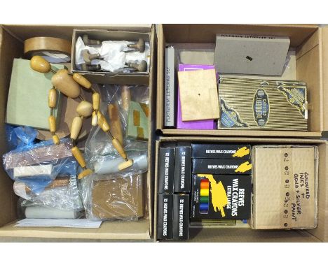 A quantity of wood engraving tools, lino-cutting blocks, artist's materials including Reeves wax crayons, caligraphy letterin