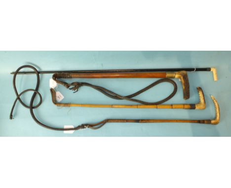 Two hunting whips with antler handles, a riding crop and a silver-mounted walking stick, (4).