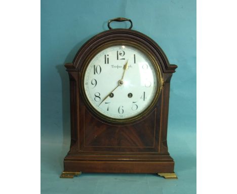 An early-20th century inlaid mahogany architectural-form bracket clock having white enamel dial marked 'Tempus Fugit' and gon