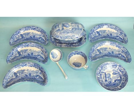 A Copeland Spode 'Italian' pattern sauce tureen, cover and ladle, on stand, 20cm wide, five half-moon shape side dishes and a