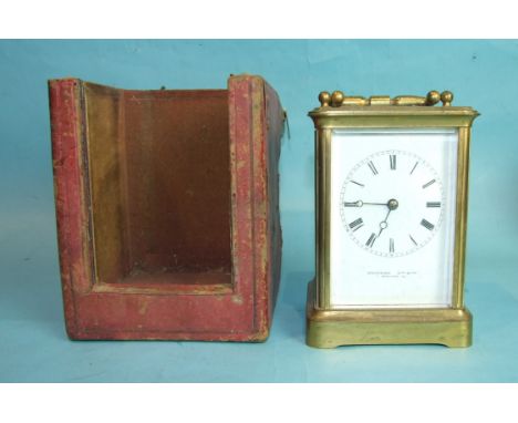 A 19th century French brass carriage clock with bell-striking movement, the white enamel dial signed 'Stevenard, Boulogne', (