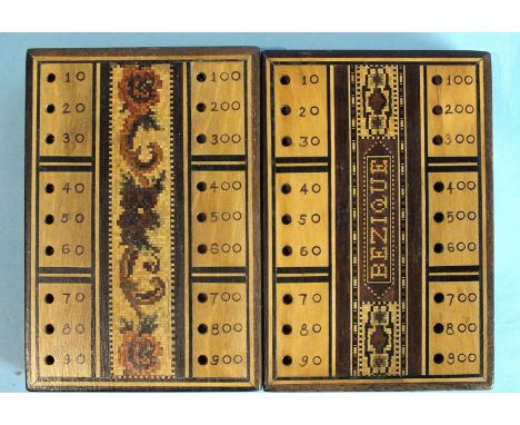 A T Barton, Tunbridgeware, 'Bezique' playing cards box/score marker, with paper label, 12.5cm wide, 8.5cm deep, 5cm high.