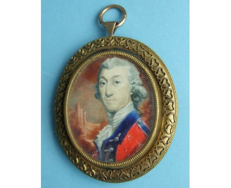 18th/19th century English School, a miniature portrait of an Infantry Officer in uniform, with castle and landscape behind, i