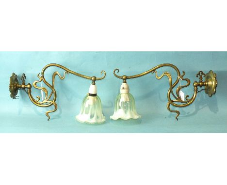 A pair of Art Nouveau-style lacquered brass gas wall light fittings with Vaseline glass shades, (converted for electricity), 