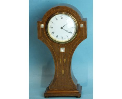 An Art Nouveau-influence mahogany balloon-shaped mantel clock, the case inlaid with mother-of-pearl and boxwood, the drum mov