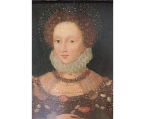 18th/19th century English School ELIZABETH I, HALF-LENGTH PORTRAIT Unsigned oil on oak panel, 27.5 x 23cm and a companion, HE