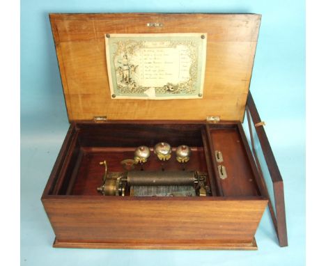 A late-19th century Swiss cylinder music box with 16cm single cylinder and comb, (two teeth damaged), having three bells and 