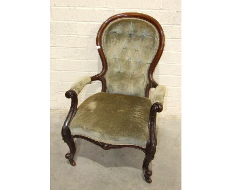 A Victorian walnut salon chair, the carved frame and cabriole legs, with button-back and serpentine seat and another Victoria