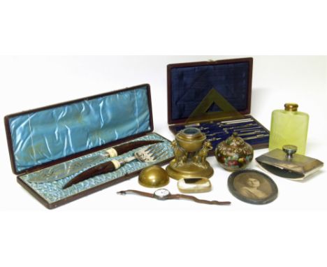 An assortment of items to include a silver ink blotter, a brass globe inkwell, Cloisonné jar, a silver plated fish knife/fork