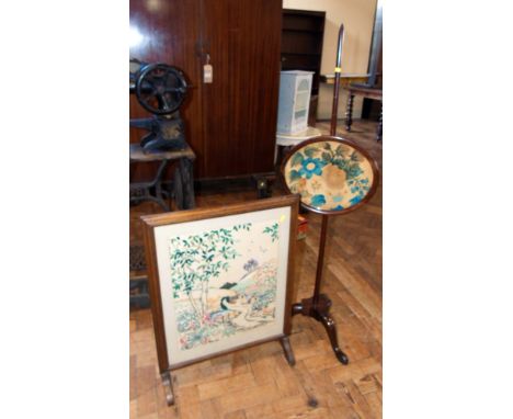 19th century mahogany pole screen and later fire screen. Condition reports are not availabe for our Interiors Sales.
