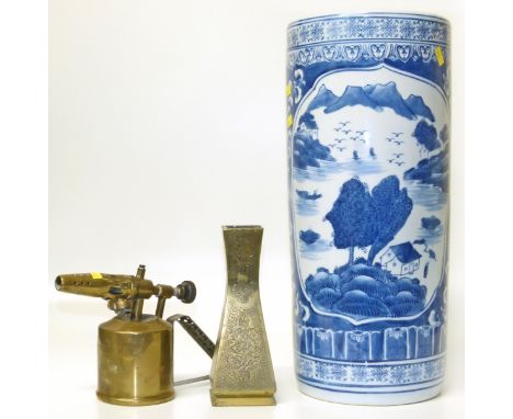 Brass "Monitor" blow lamp, Syrian/Islamic brass vase and blue/white stick stand. Condition reports are not availabe for our I