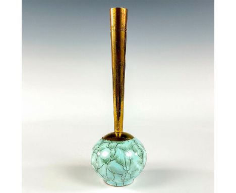 Turquoise with lustre finish and branch patterning. Round body. Narrow brass spout.Hand Painted Delft Holland on bottom. This