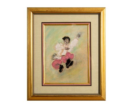 Pastel on paper of a young Russian man dancing the polka in a Neo-Impressionist style. The artist used a palette of pink, cre