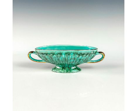 Turquoise toned with lustre finish &amp; branch patterning. Brass around rim and on handles.Oval shaped piece. This item has 