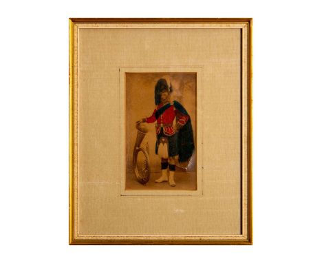 Hand-colored albumen print photograph of a Scottish Highlander holding a helicon tuba by his side. Sight size: 3.50"L x 5.50"