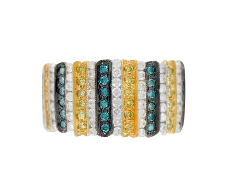 An eye catching contemporary rainbow ladies cocktail ring. Weight 7.85 grams. Size 8.25. Marked 14K and designer's initials S