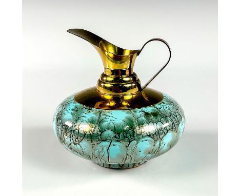 Turquoise toned with lustre finish &amp; branch patterning. Brass accented handle and spout.Rounded and flattened shape botto