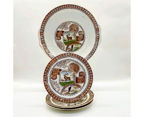 Three small ceramic plates (6" diameter) and one serving plate (9.25"W) with stag, sailboat and floral design.This item has n