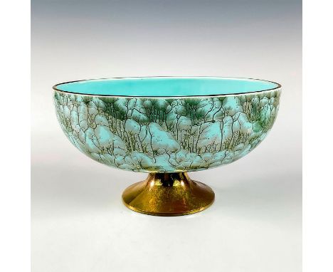 Turquoise toned with lustre finish &amp; branch patterning. Gold toned rim around piece.Brass footing. Hand Painted. Made In 