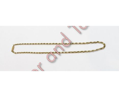 A chain, of oval facetted belcher links, tagged '9' and 'JC M', 41 cm long, 5.8 g gross