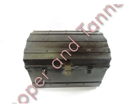 A painted metal dome top travelling trunk the top with wooden slats and with side carrying handles 74.5cms wide
