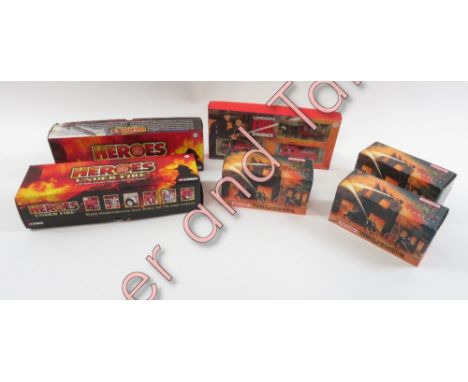 Two Corgi models from "Heroes under Fire" series, along with three Matchbox fire engines and London fire engine set