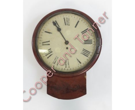 A mid 19th century mahogany cased 8 day fusee wall clock, plain enamel dial with pendulum but no key.