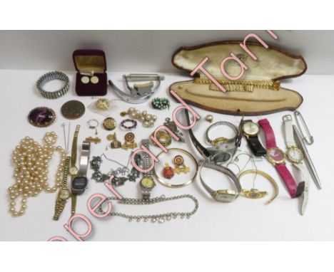 A quantity of costume jewellery; ten fashion watches; a ball point pen; and other items