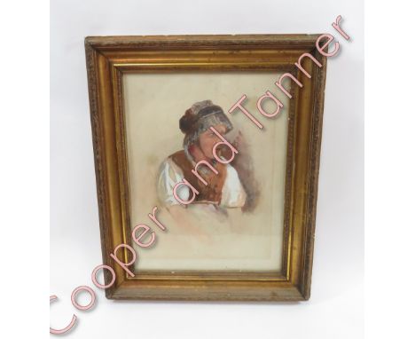 A late 19th/early 20th Century half length portrait of a woman wearing a mob cap, watercolour, unsigned, 40cms x 30cms in gil