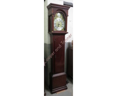 Brass 8 day longcase clock circa 1740 by John Freke of Chard, oak case with long door, weights, pendulum and winding key, 211