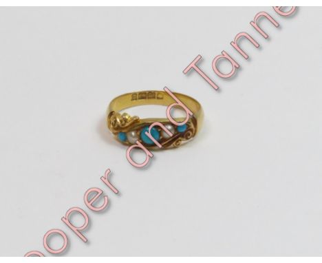 A late Victorian 18 carat gold seed pearl and turquoise set five stone ring, Birmingham 1899, finger size N, 3.4 g gross, cas