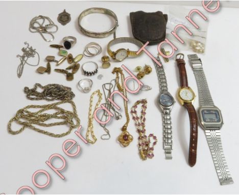 A silver hinged bangle; with a few other silver and silver coloured jewellery items; costume jewellery; and fashion watches