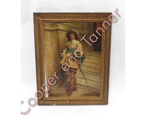 C H Parker (early 20th Century British) - Portrait of a Cavalier standing on a stone staircase, oil on board, signed, 46cms x