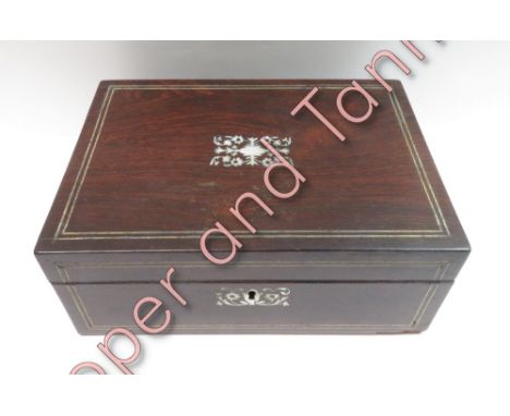 A Victorian rosewood jewellery box with mother of pearl inlay and inner lift-out drawer