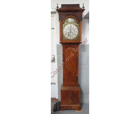 A veneered burr walnut 8 day longcase clock by John Cuff of Shepton Mallet. Caddie top with fretwork under the top corners an