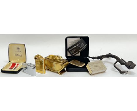 A mixed group of cigarette lighters comprising a gold plated Ronson lighter (boxed), an Art Deco style Ronson lighter (marks 