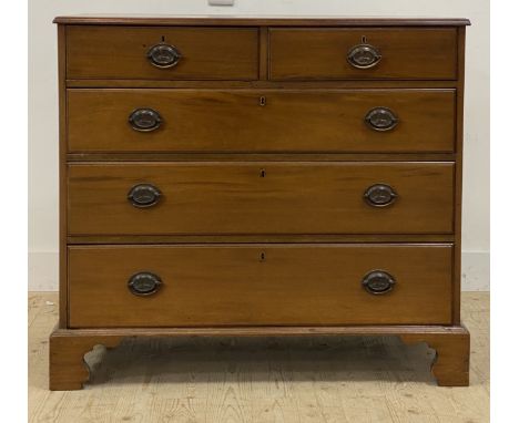 A George III mahogany chest, fitted with two short and three long drawers, raised on bracket supports. H97cm, W107cm, D54cm.&