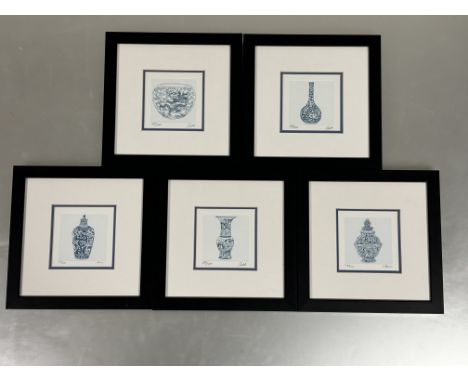 A set of five studies of chinese blue and white porcelain, coloured engravings, all signed Chan and numbered bellow, all work