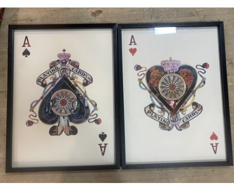 A pair of Oka framed 3D Ace of Spades and and Hearts playing cards collages, both in a glazed black frame. (both 94cmx69cm) (