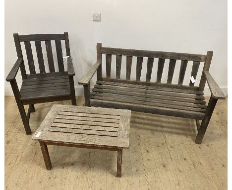 A teak garden furniture set, table (H46, W75, H39CM) bench (H82cm, W130cm, D55cm),&nbsp; chair (H94cm)