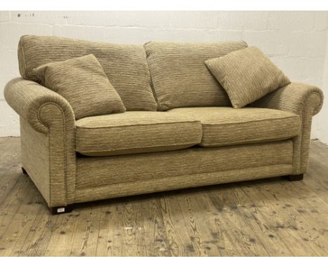 Traditional two-seater sofa bed, upholstered in grey chenille, raised on block supports. H97cm, L200cm, D97cm.   